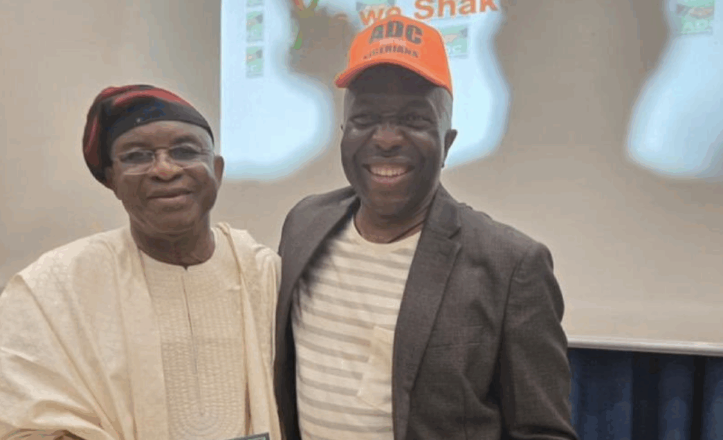 David Mark (L) with Ralph Nwosu of the African Democractic Congress (ADC)